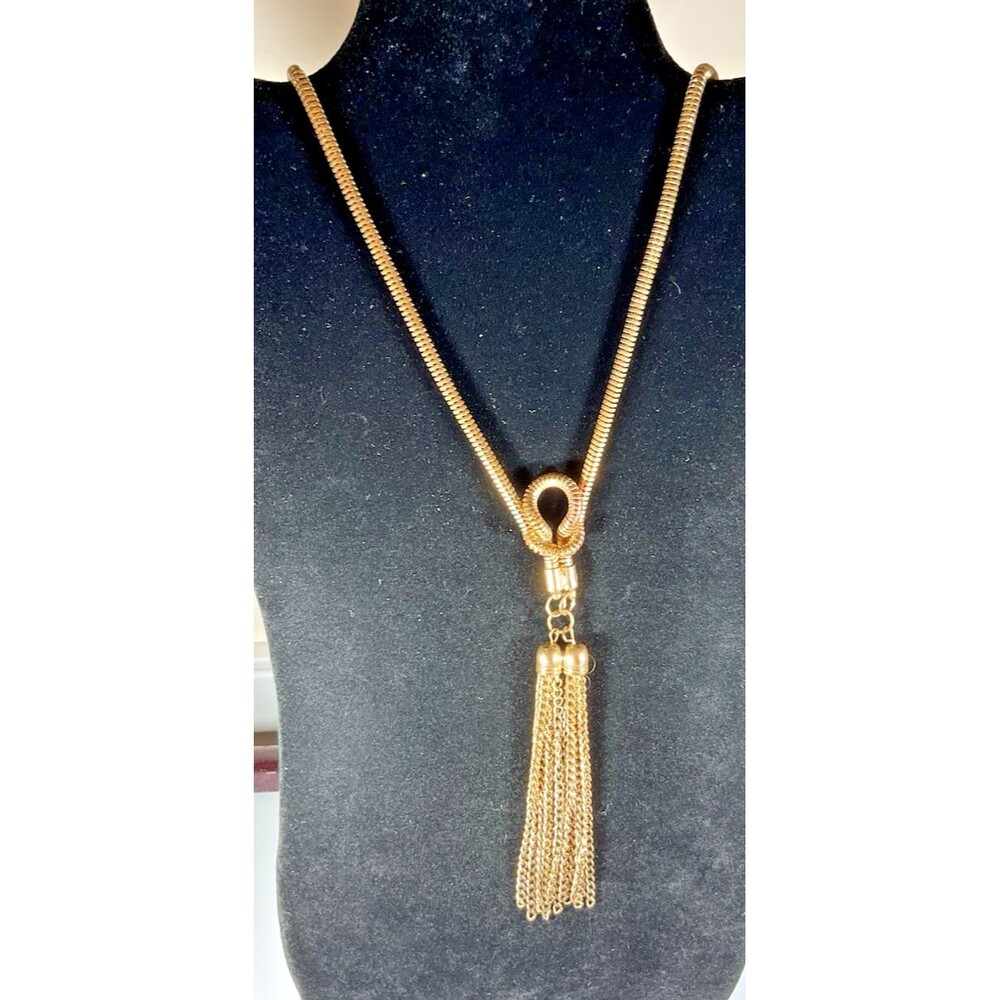 Vintage Brass Tassel Necklace with Center Knot Thick Chain 36" Bold Statement